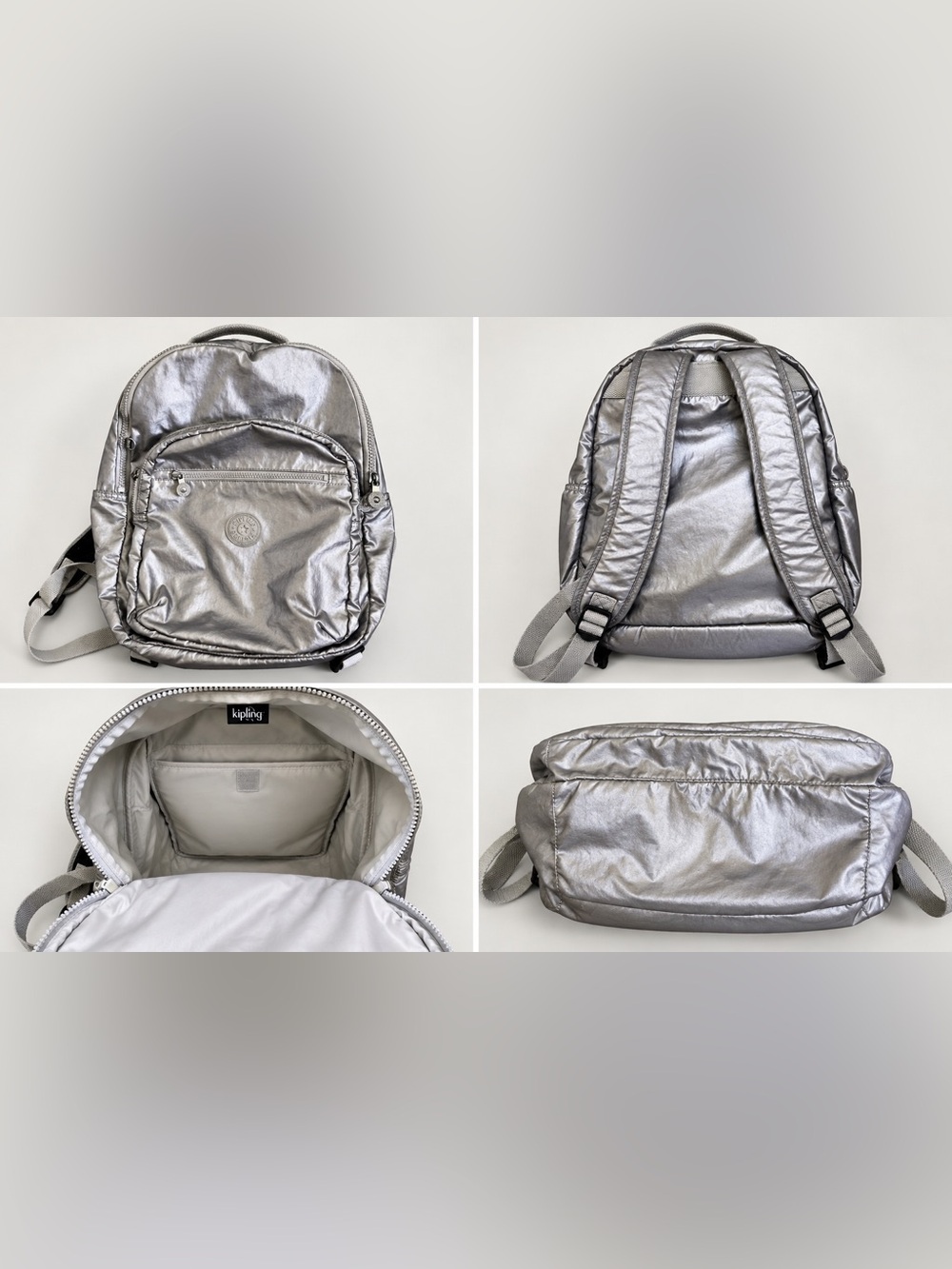 Kipling Metallic Silver Backpack – 15” 🎒✨
